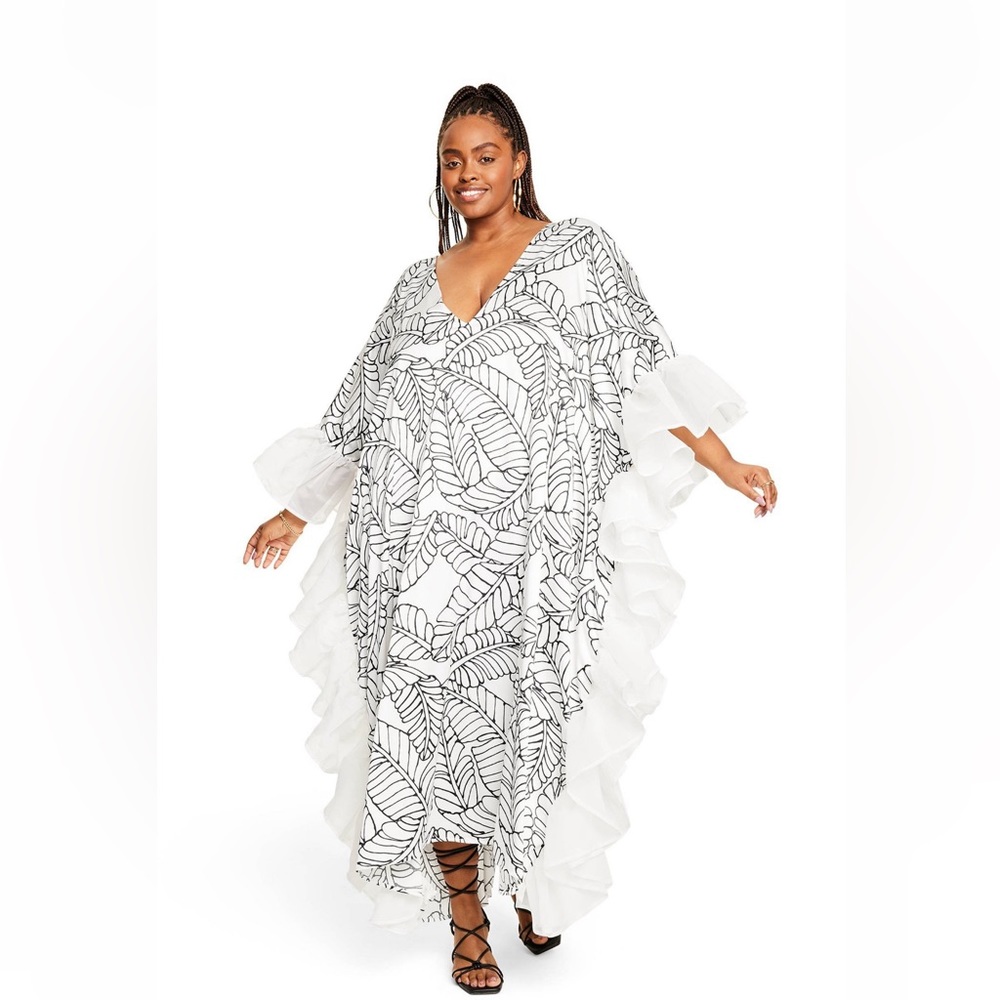 Women’s Sketch Palm Leaf Print Ruffle trim cover up dress